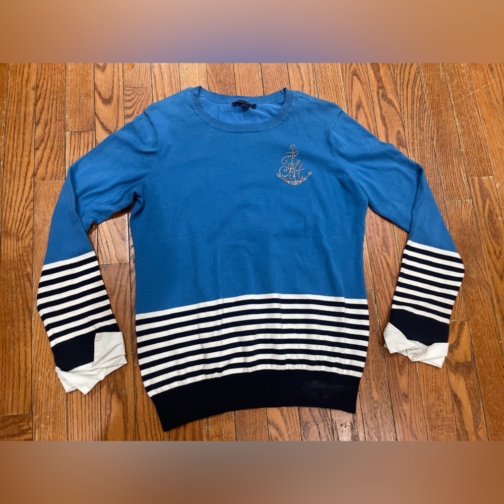 Tommy Hilfiger Blue and White Striped Crewneck Sweater